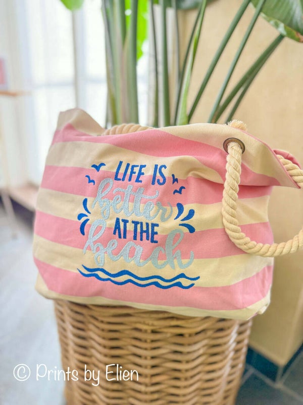 Strandtas dames – beach bag met borduring “Life is better at the beach”