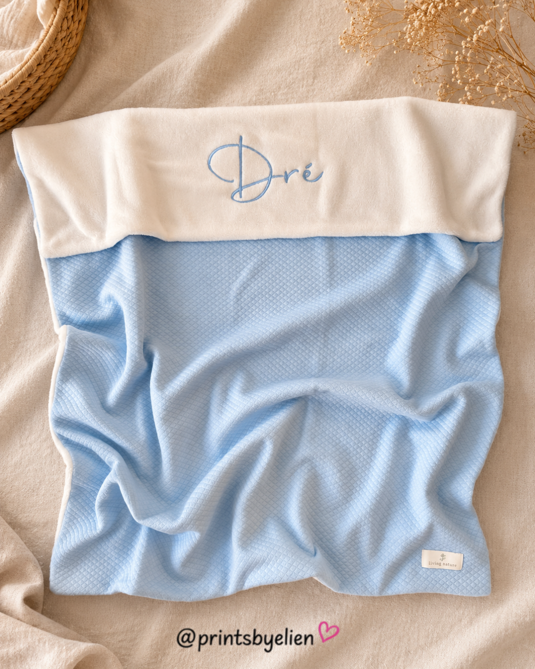 Babydeken met Naam – Living Nature Losange Teddy Fleece - Geborduurd Babydekentje