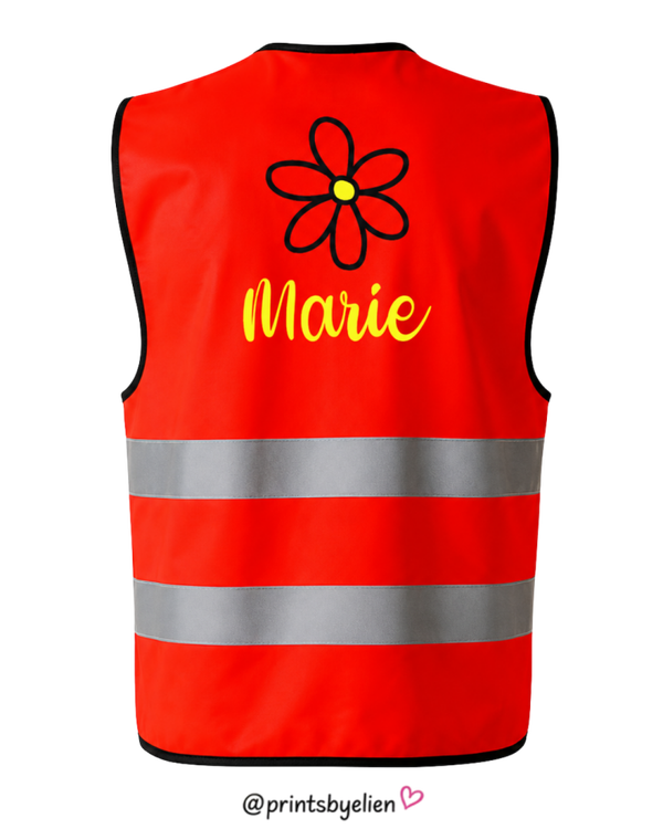 Fluohesje met naam voor meisjes – Gepersonaliseerd veiligheidshesje met bloem
