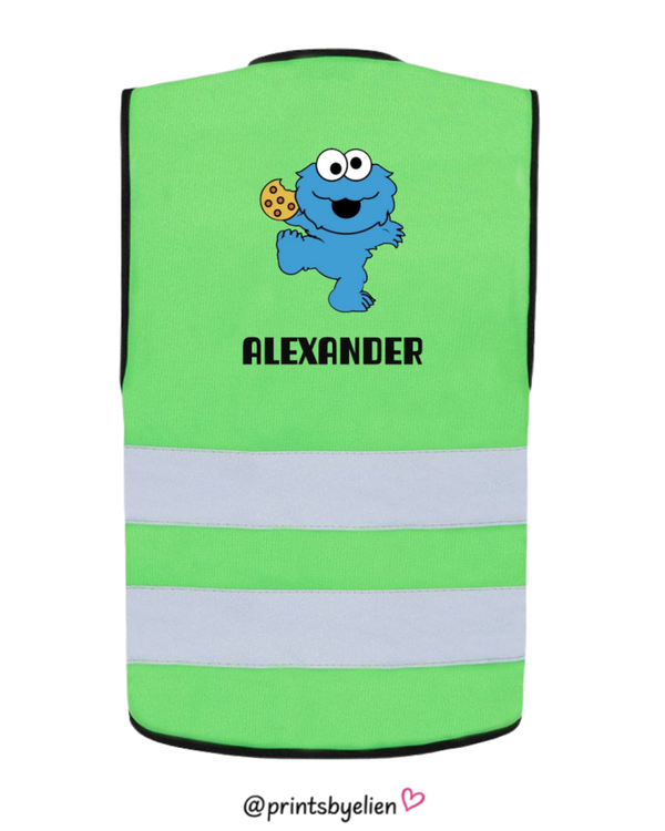 Fluohesje met naam voor kinderen - Gepersonaliseerd veiligheidshesje Koekiemonster