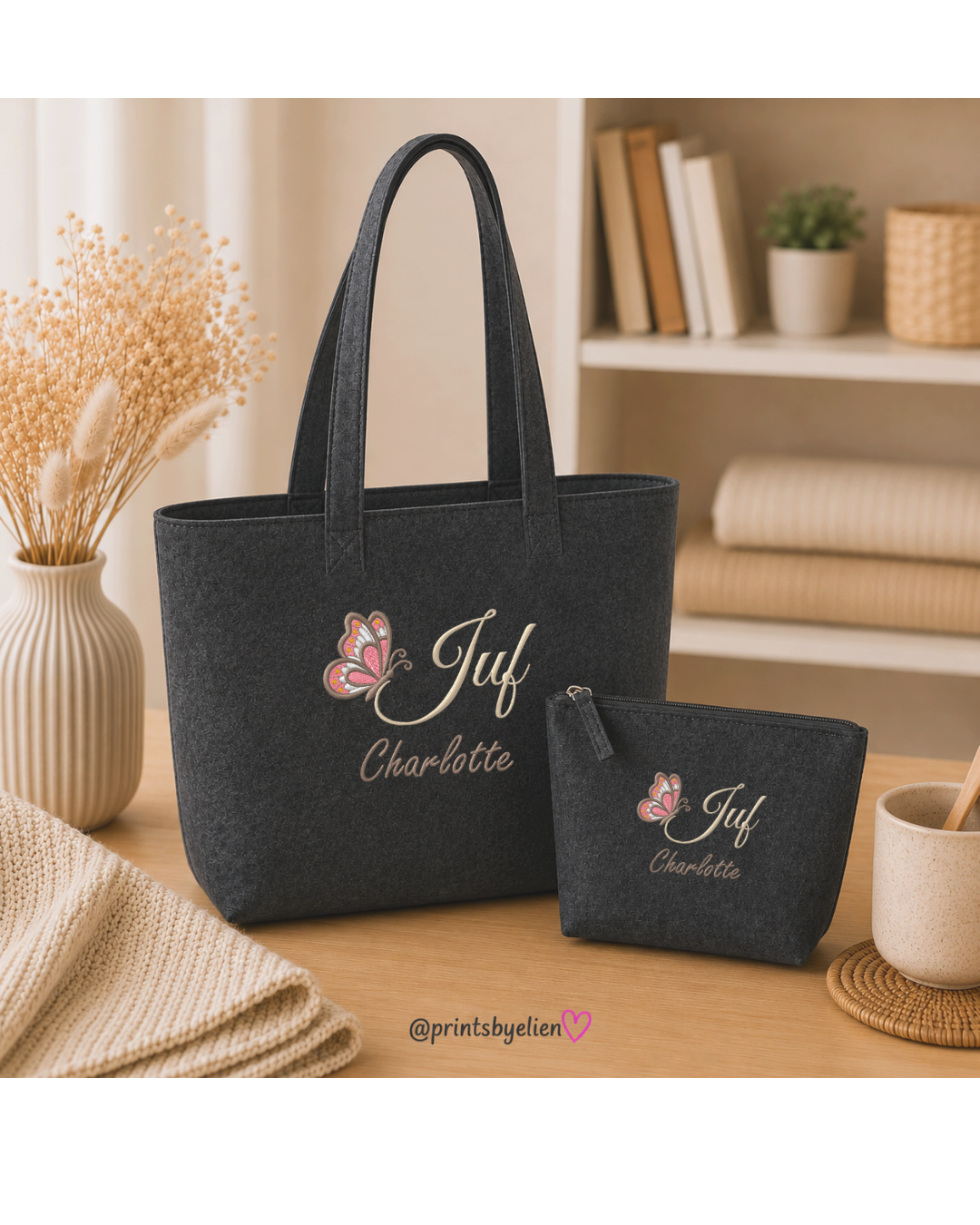 Juffencadeau Set met Naam Geborduurd – Vilten Tote Bag & Toilettasje