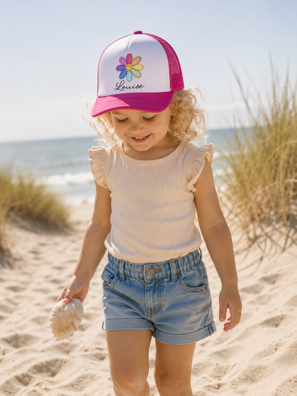 Kinderpet met bloemen en naam – gepersonaliseerde pet voor meisjes