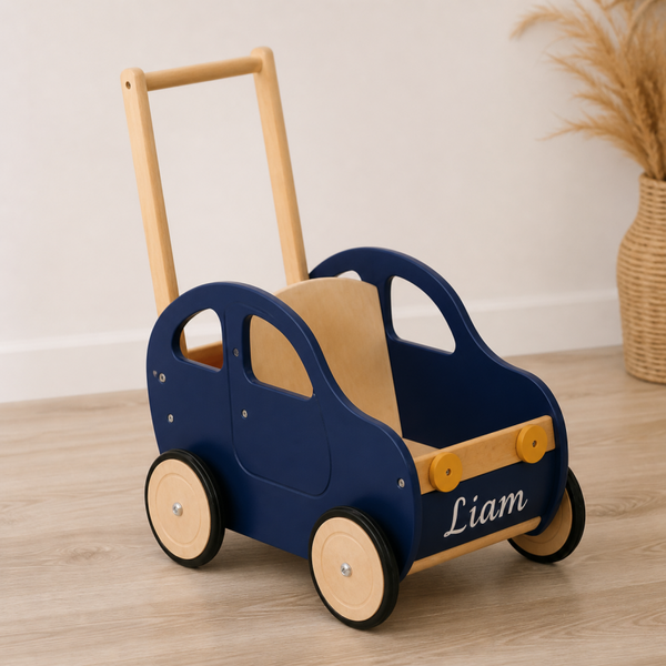 Houten duwautootje met naam – gepersonaliseerd loopwagentje