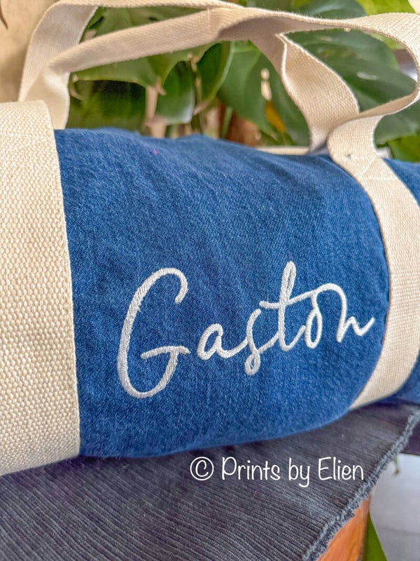 Denim Barrel Bag met naam geborduurd
