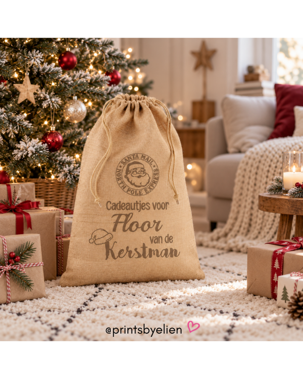 Jute kerstzak met naam – gepersonaliseerde kerstmanzak