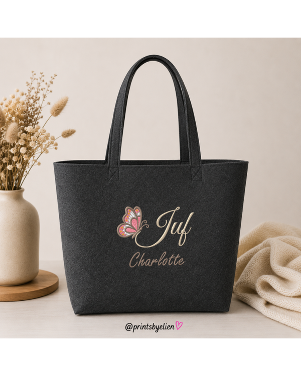 Vilten Tote Bag voor Juf met Naam Geborduurd – Luxe Juffencadeau