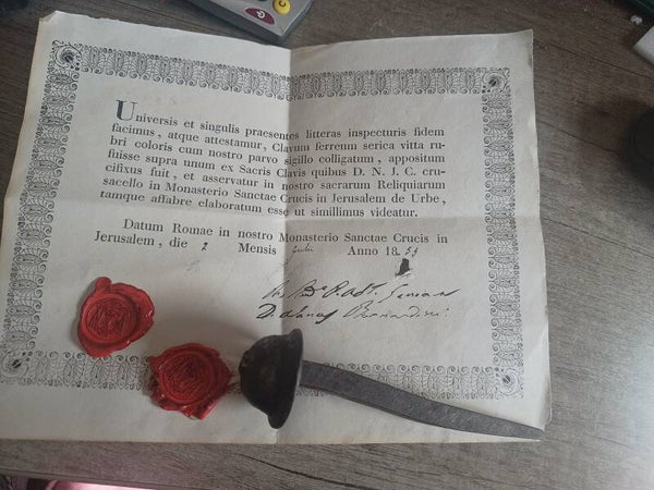 nail of christ relic and document