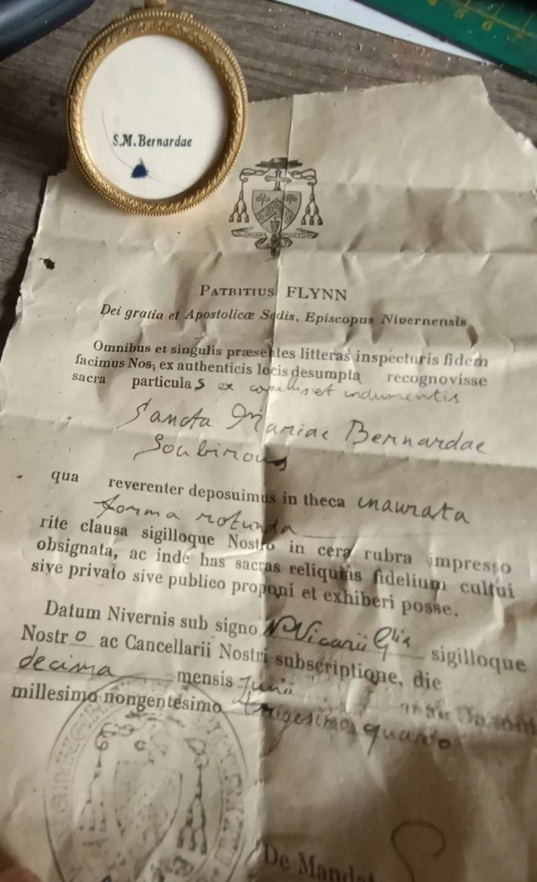 Saint Bernadette relic and document