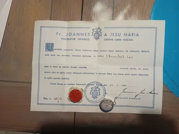 Reliquary Relic 1st class of Saint Simon stok with Certificate document
