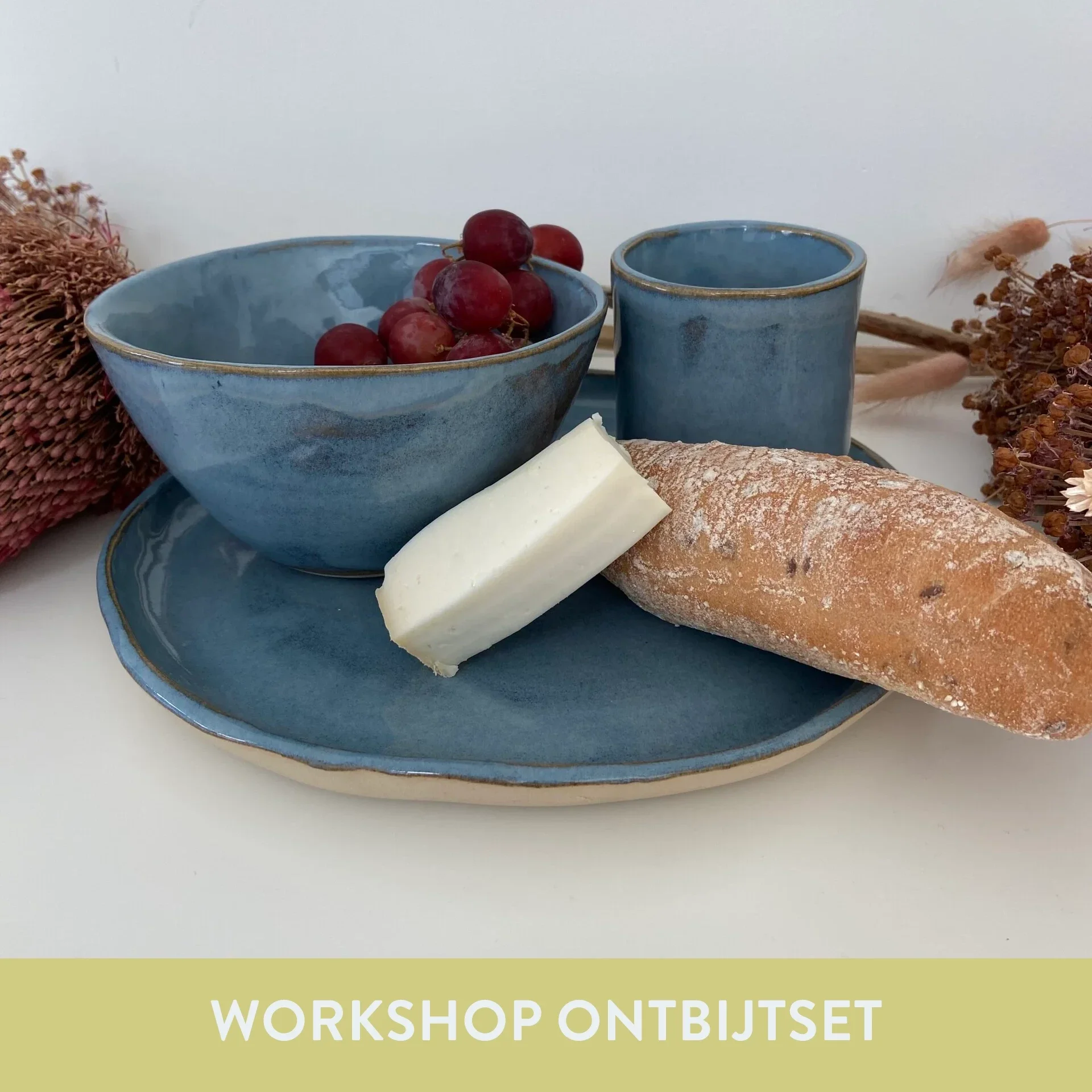 keramieken ontbijtset, bord, kom en tas