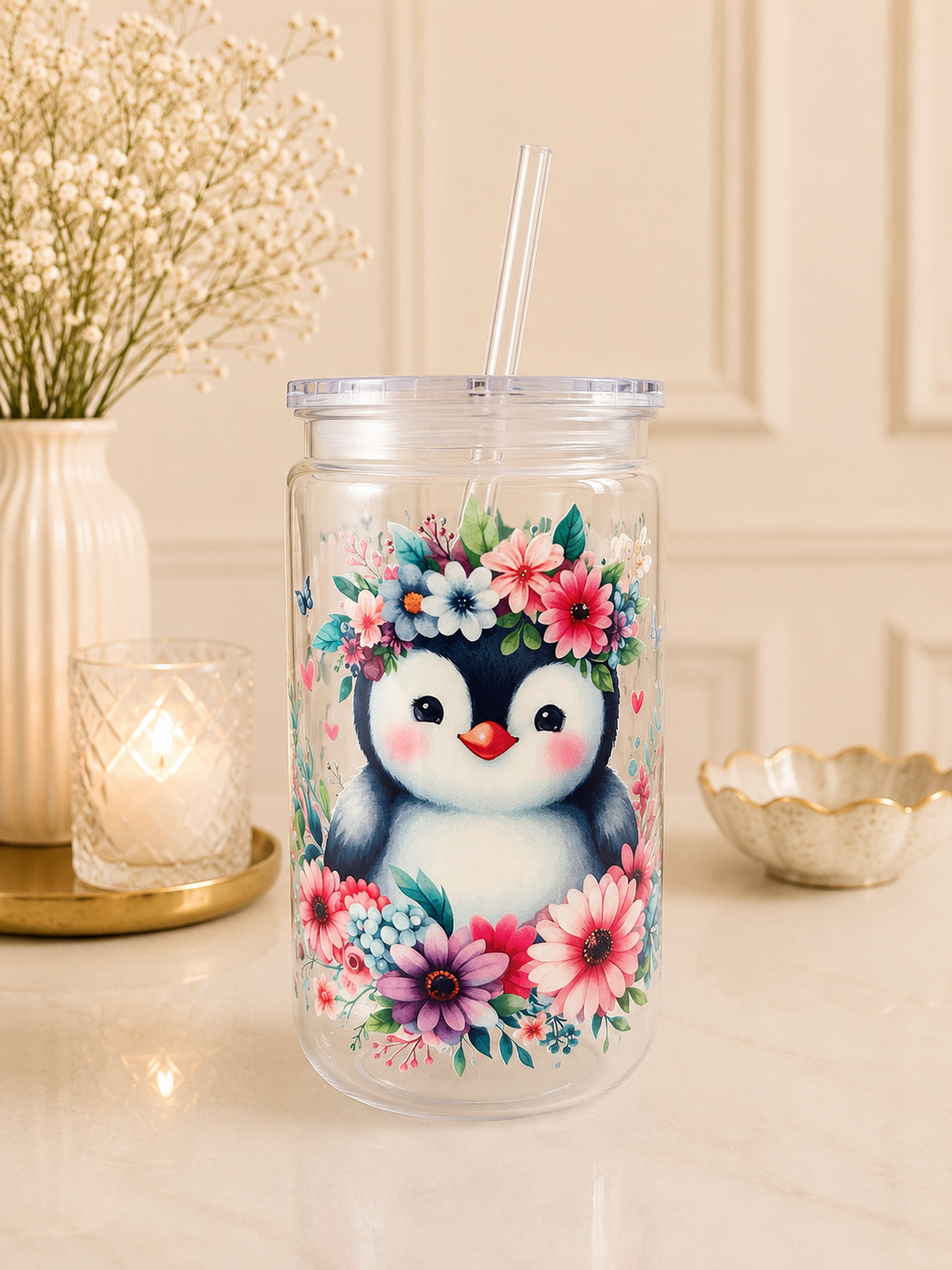Kunststoff Trinkbecher mit Strohhalm- Pinguin SB04