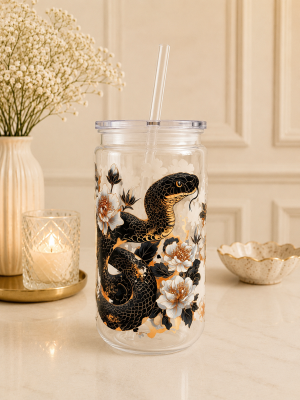 Kunststoff-Trinkbecher mit Strohhalm- florale Schlange SB03