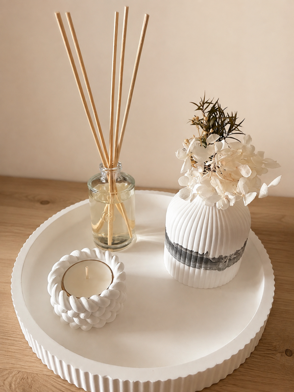 Stilvolles Deko-Set 20cm Durchmesser /Gips Teller mit Vase und Teelicht