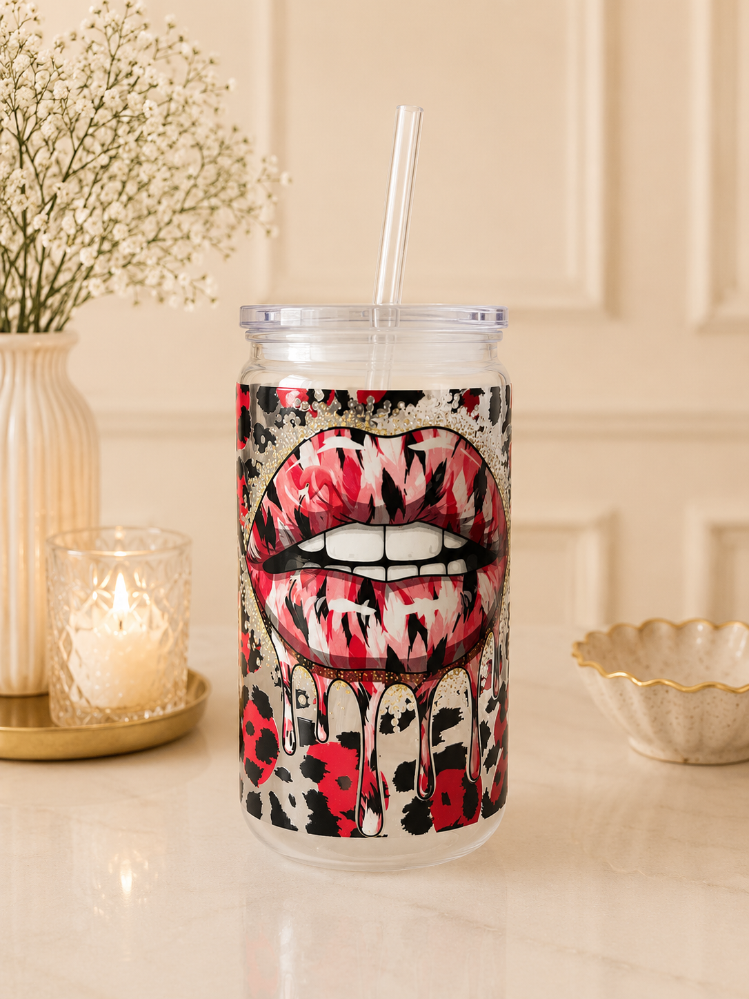 Kunststoff-Trinkbecher mit Strohhalm Leo Lippen SB02