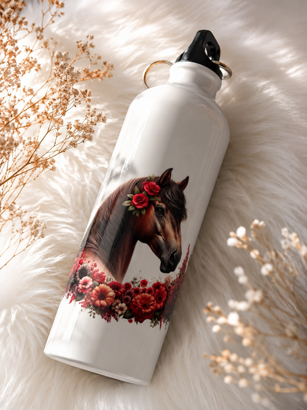 Alu-Trinkflasche 750ml-Pferdekopf rote Blüten