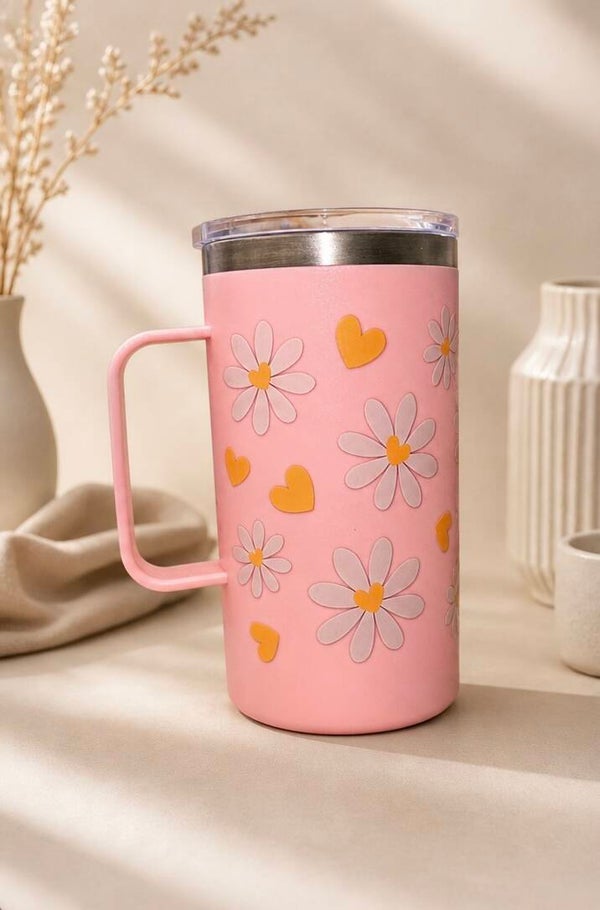Thermobecher mit Griff- rosa Blumen