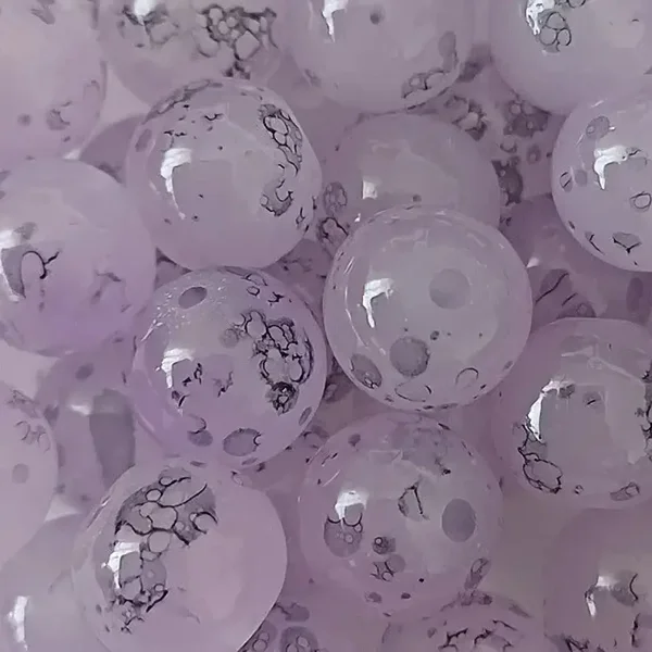 Perles en verre rondes, lilas à motif noir