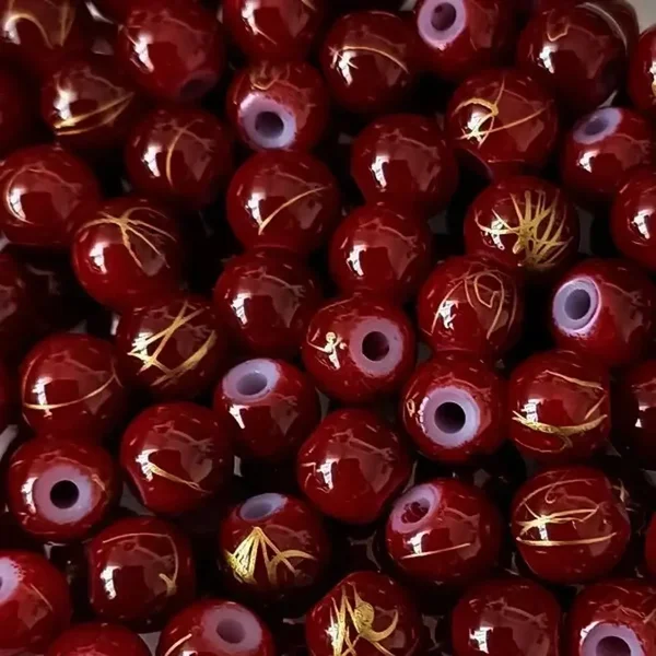 Perles en verre rondes, rouge foncé tréfilé doré