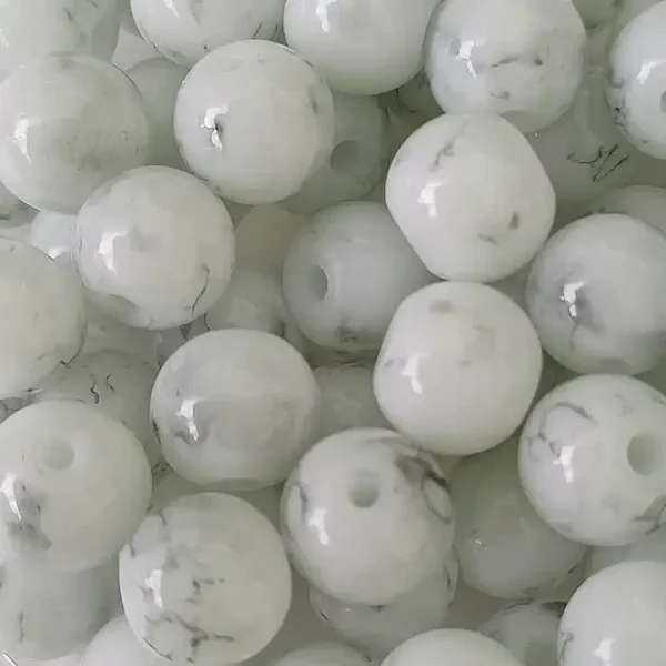 Perles en verre rondes, blanches à motif noir