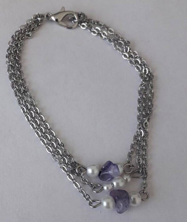 Bracelet multi-rang acier inoxydable, améthyste et perles nacrées