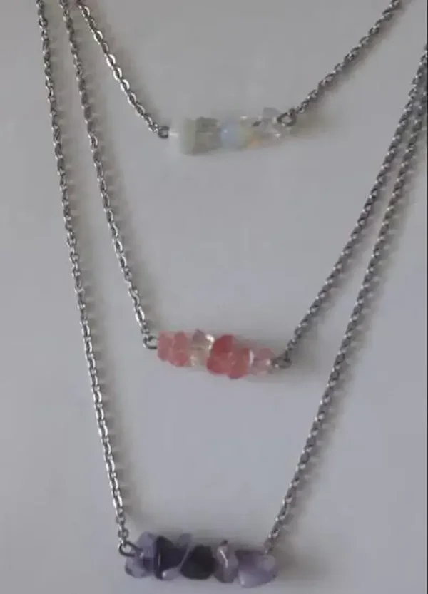 Collier multi rang acier inoxydable, Cristal de roche, Quartz rose, Améthyste