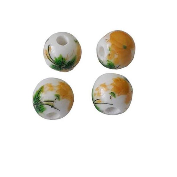 Perles rondes blanches à fleurs en céramique, 8mm