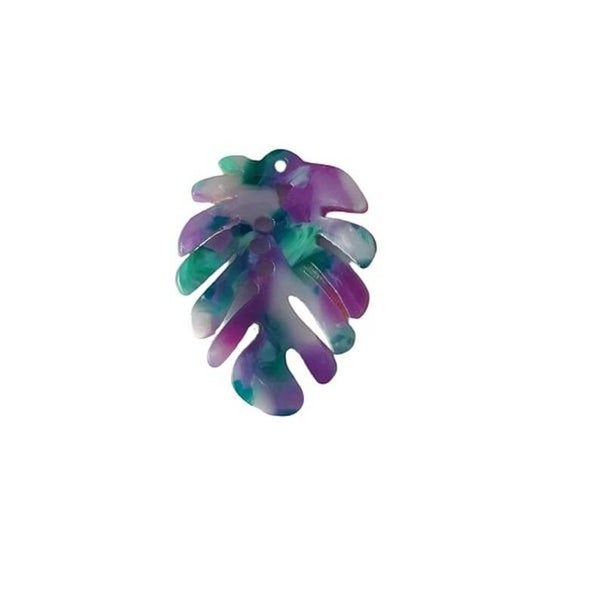 Pendentif feuille tropicale en résine, vert/mauve