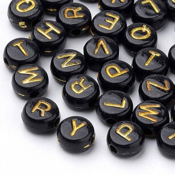 Perles rondes acryliques alphabet doré/noir