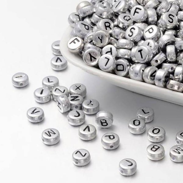 Perles rondes acryliques alphabet gris/noir