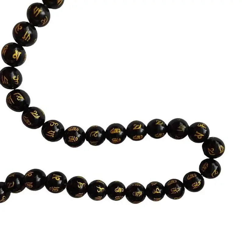 Obsidienne noire sculptée om mani padme hum 8mm, perles rondes