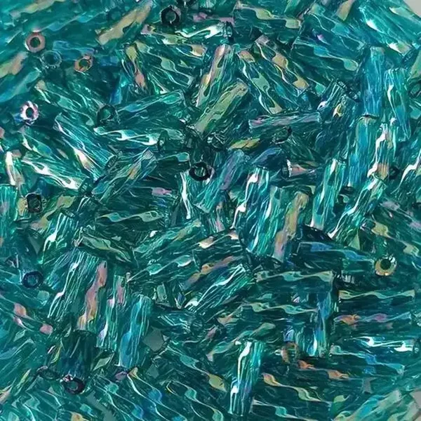 Perles de rocaille tube twisté bleu paon irisé