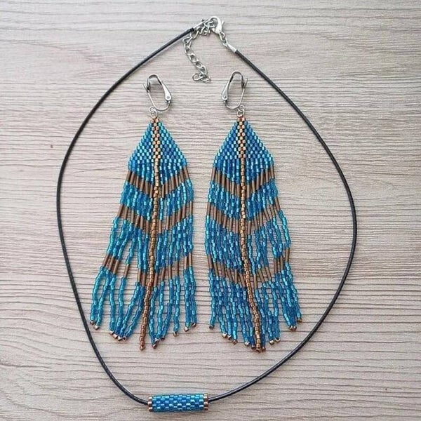 Parure tissée bleu antique, perles Miyuki, acier inoxydable, BO clips