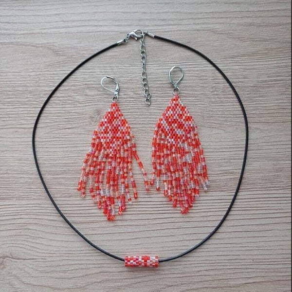 Parure tissée rouge rosé, perles Miyuki, BO dormeuses