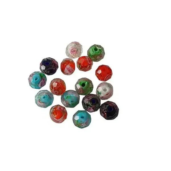 Perles rondes aplaties lampwork, à facettes, couleur et fleurs roses