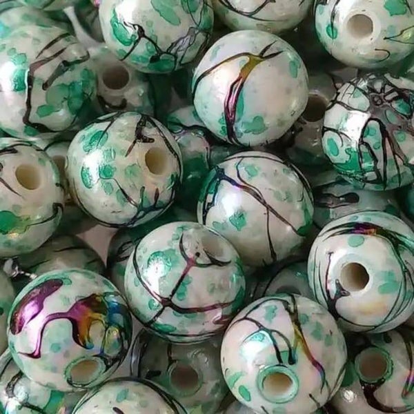 Perles rondes en acrylique, blanc & turquoise éffilé
