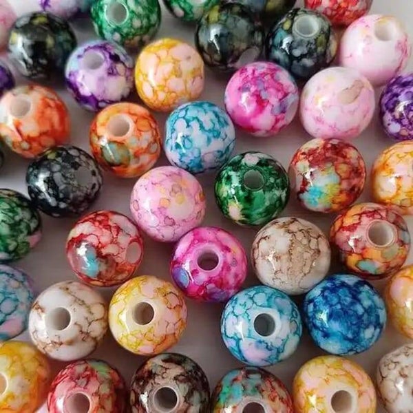Perles rondes bubblegum en acrylique, colorées, effet tacheté
