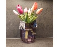 Boeket Nova Nature kunsttulpen 25cm 9 stuks inclusief vaas paars H13cm - Tulpenpracht - Exclusief cadeau - Kant en klaar EAN: 8715907088144  KunstbloemNova Nature