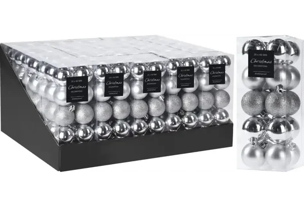Kerstbal 20x40mm zilver 20 stuks