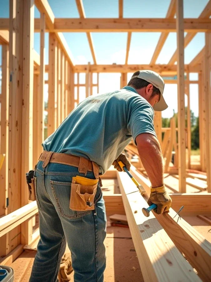 Carpenter framing a house on a residential construction site — remote admin support for skilled trades by Melissa Gorham Virtual Assistant