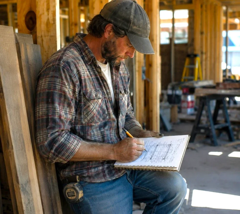 Contractor reviewing paperwork and taking notes on a job site — MGVA Virtual Assistant handles the admin so Ontario tradespeople can stay focused on the work