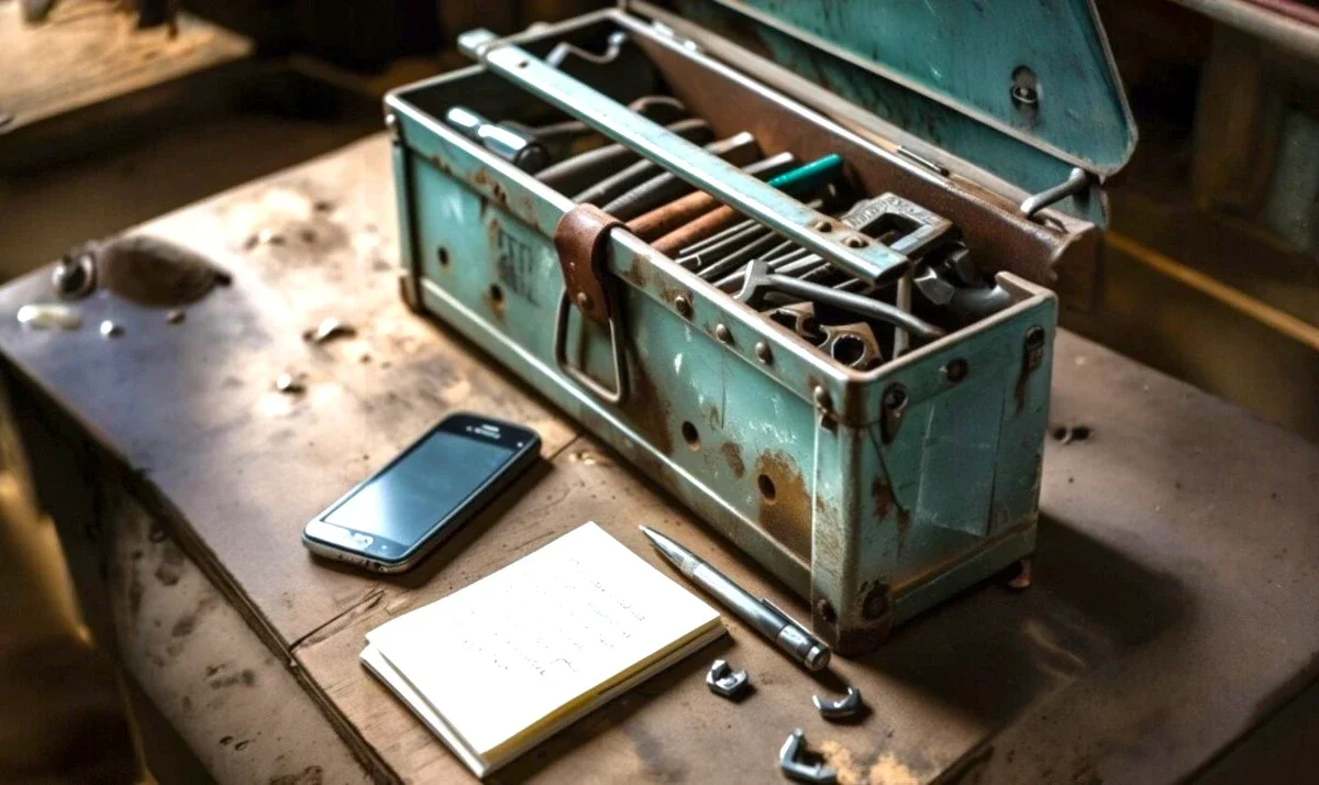 Tradesman's toolbox and smartphone on a workbench — MGVA handles the admin so Ontario contractors can focus on the tools and the job
