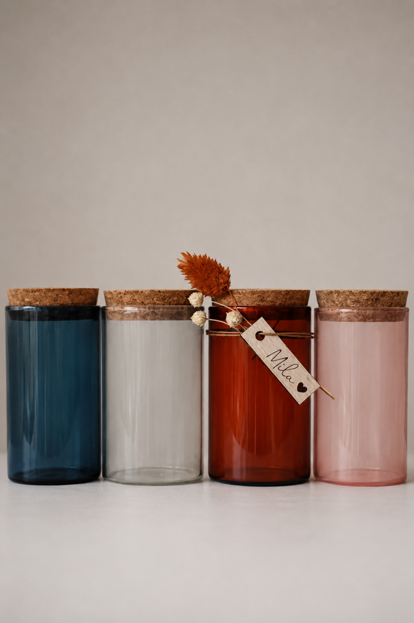gegraveerd luxe cilinderpotje met kurkstop - 4 kleuren