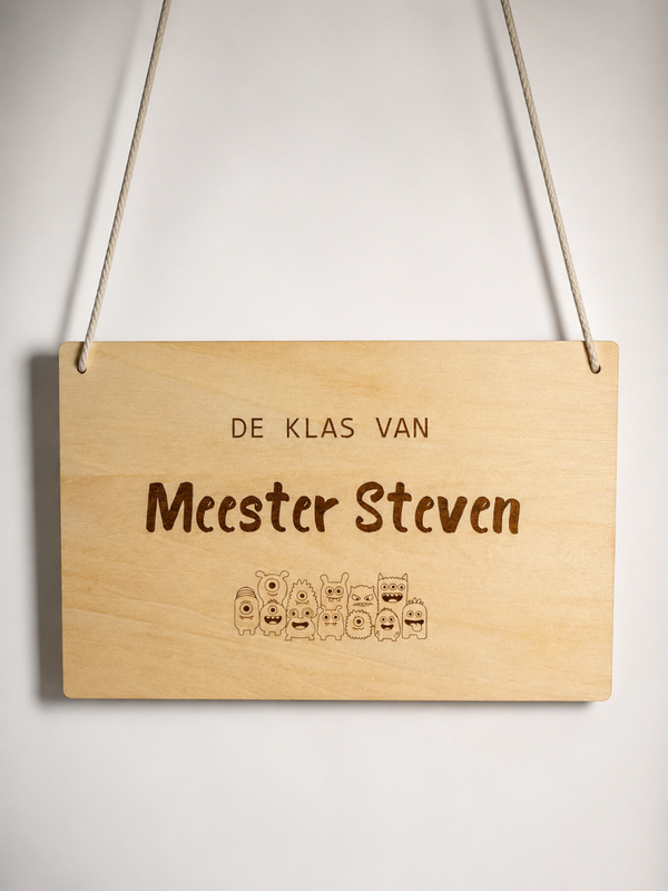 gepersonaliseerd rechthoekig welkomsbord met touw voor in de klas - juf of meester