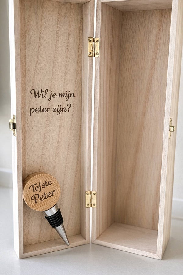 Wijnkist en flesopener - Wil je mijn meter of peter zijn?