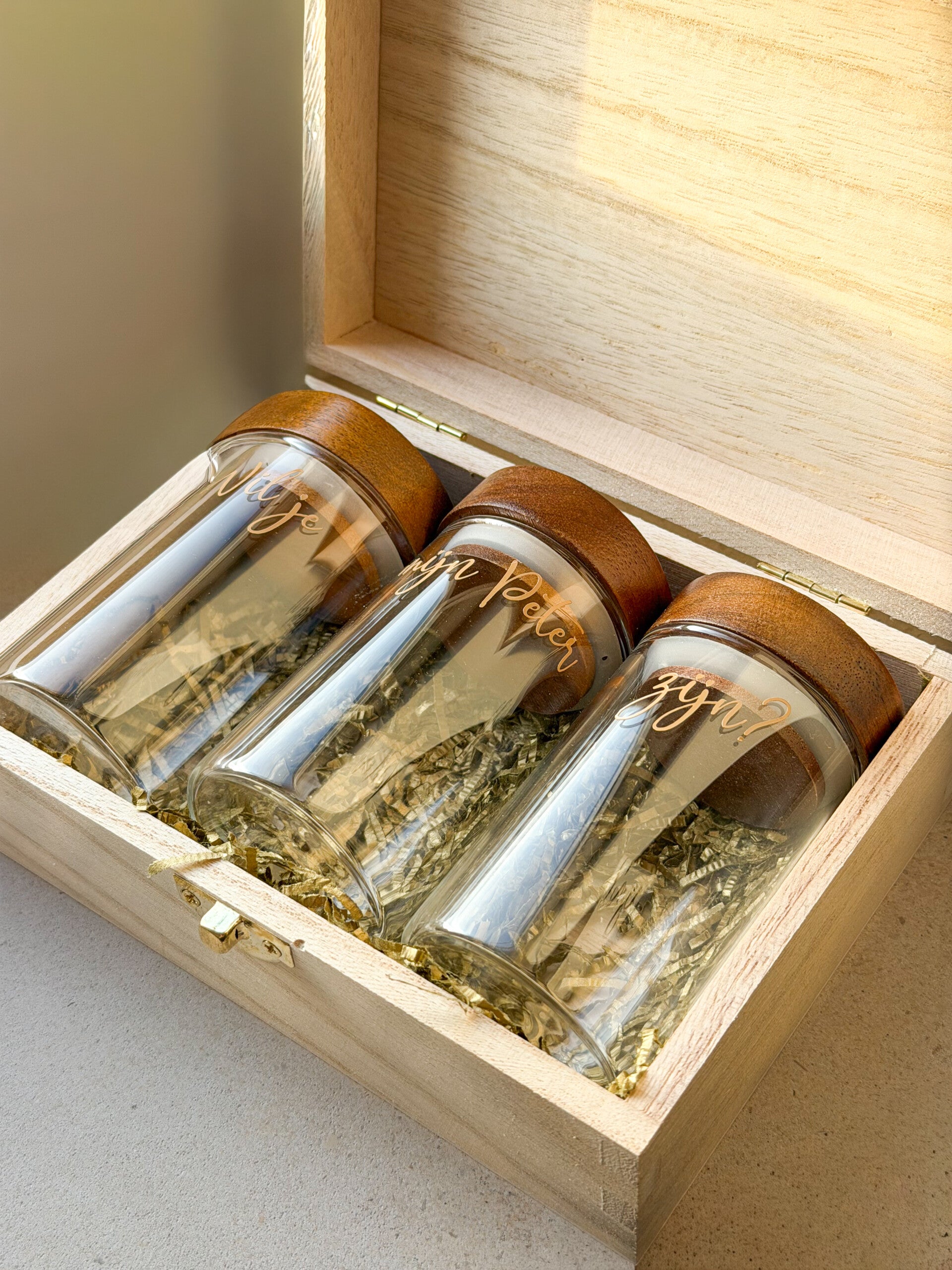 gepersonaliseerd cadeaudoosje met glazen potjes - Wil je mijn meter of peter zijn?