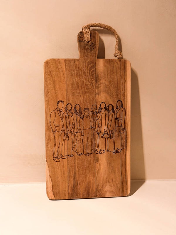 Lijntekening gegraveerd op tapasplank - teak