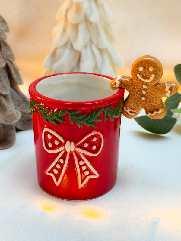 Kerstmok keramiek Gingerbread rood strik