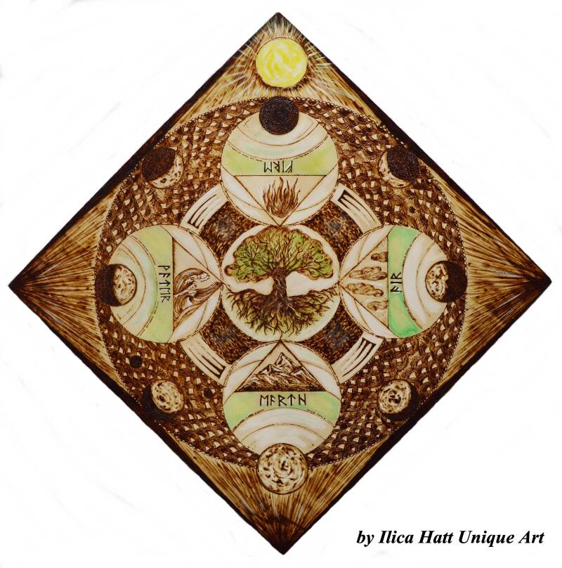 Essenz des Lebens  - Einzelstück -   Material: Sperrholz  lackiert mit Non-toxic Acryllack Grösse: 60cm x 60 cm x 1 cm -Von Hand gebrannt (Brandmalerei)  - Hand Pyrographate on Wood -100% Unikat und Handmade