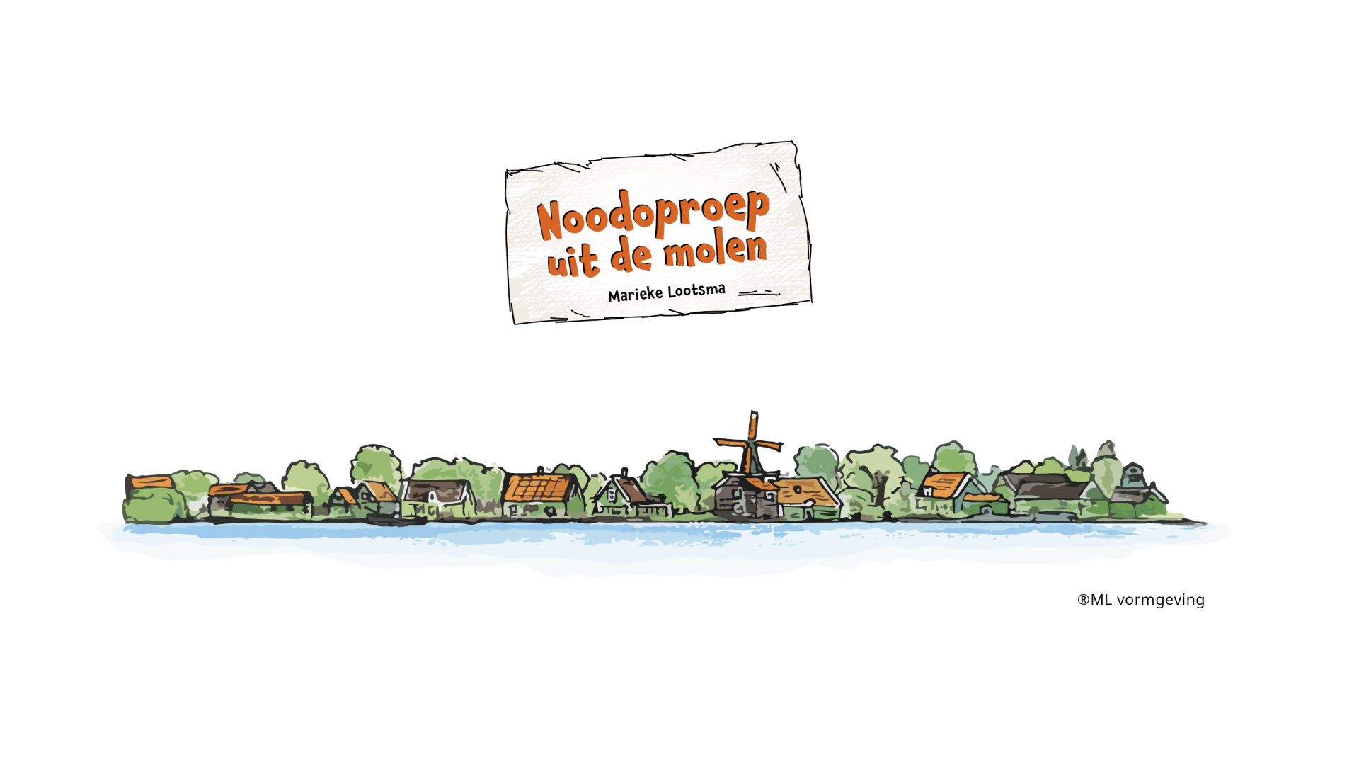 Zaanse schans vanaf de Zaan. Illustatie Noodoproep uit de molen. Kinderboek
