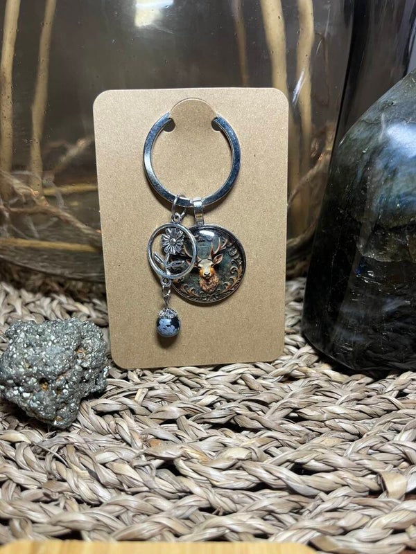 Porte Clef Cerf et Obsidienne Moucheté